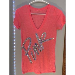 PINK Victoria’s Secret Neon Sequin V-Neck Tee